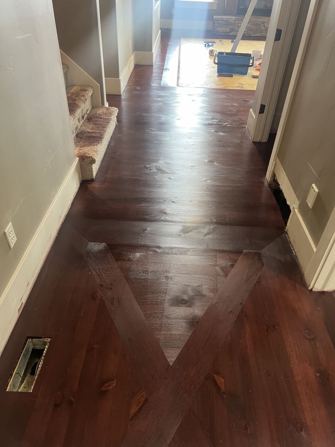 Wide-Plank Hardwood Refinish after high-gloss finish — West Jordan · Dark Cherry Stain, High-Gloss
