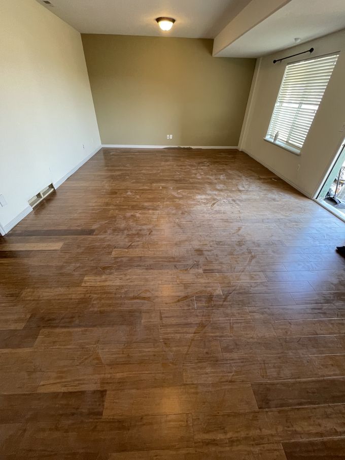 Dark Oak Hardwood before refinishing — Layton · High-Gloss Finish